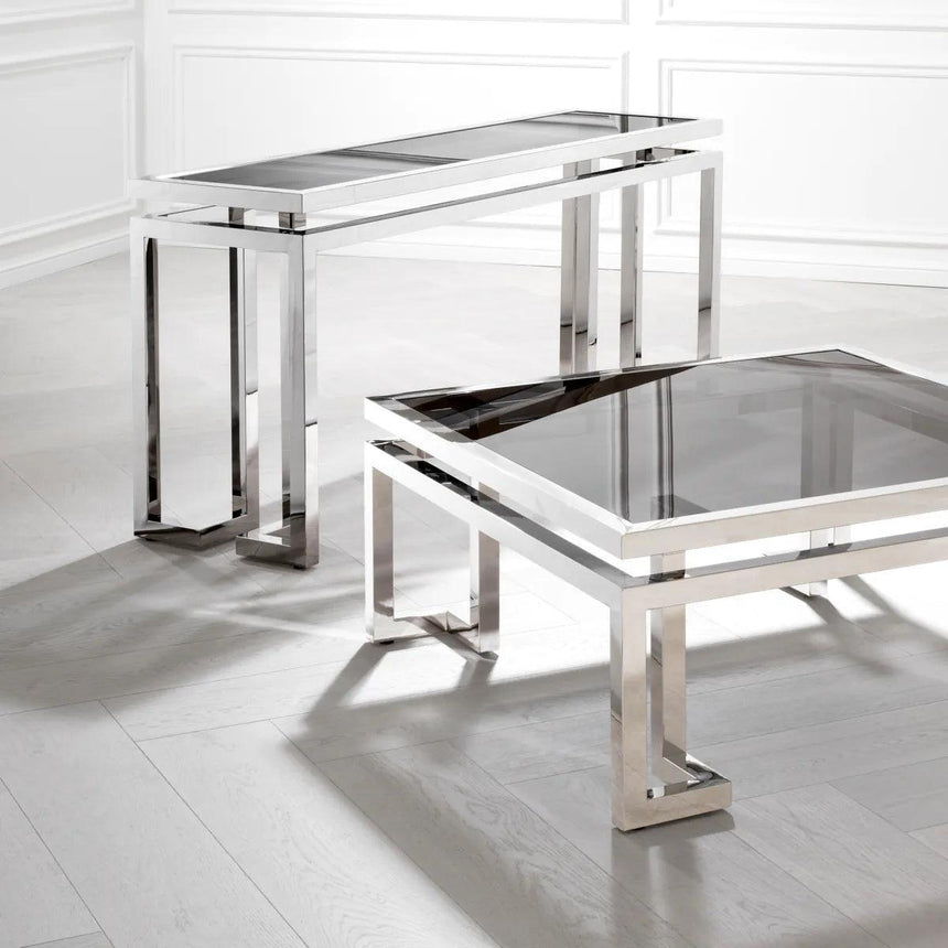 Palmer glass console table with silver frame