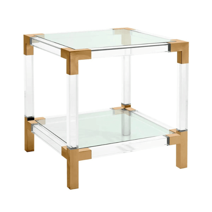 Royalton glass side table with brass corners