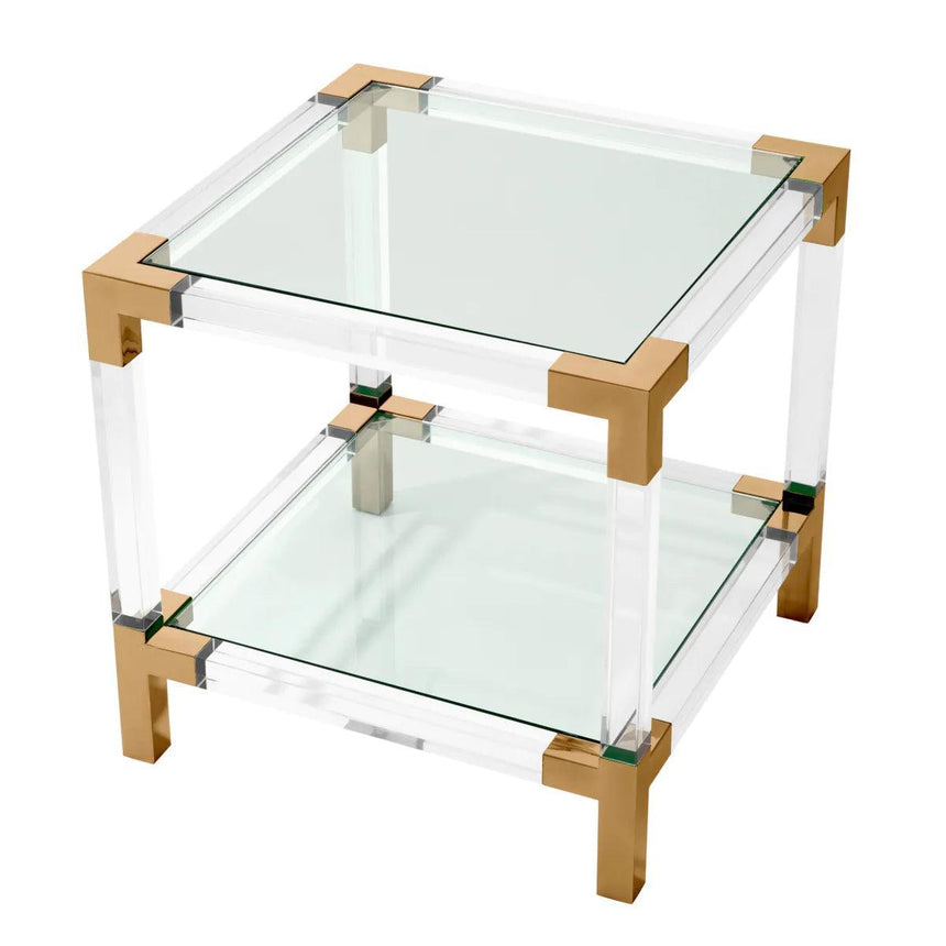 Royalton glass side table with brass corners