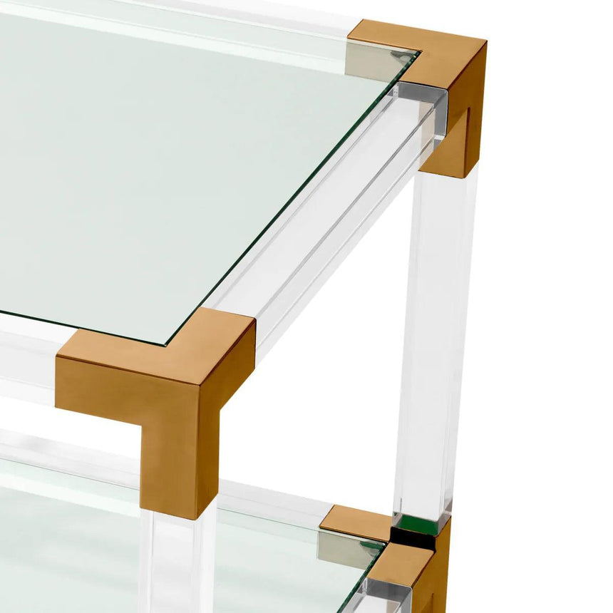 Royalton glass side table with brass corners