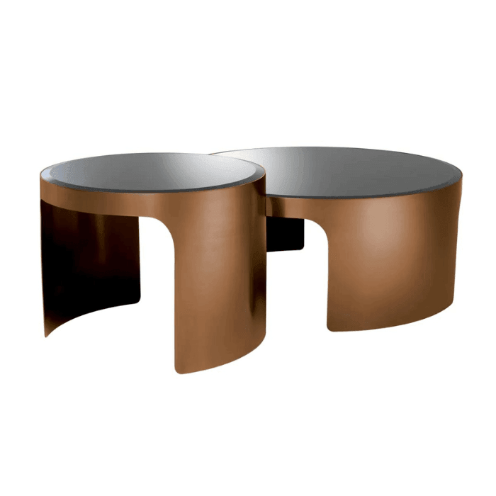 Piemonte glass coffee table set with copper legs