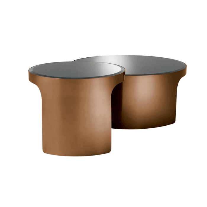 Piemonte glass coffee table set with copper legs