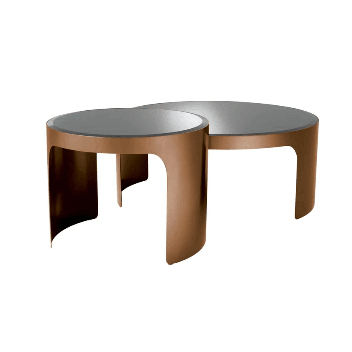 Piemonte glass coffee table set with copper legs