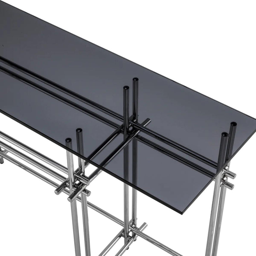 Quinn smoked glass console table with silver legs