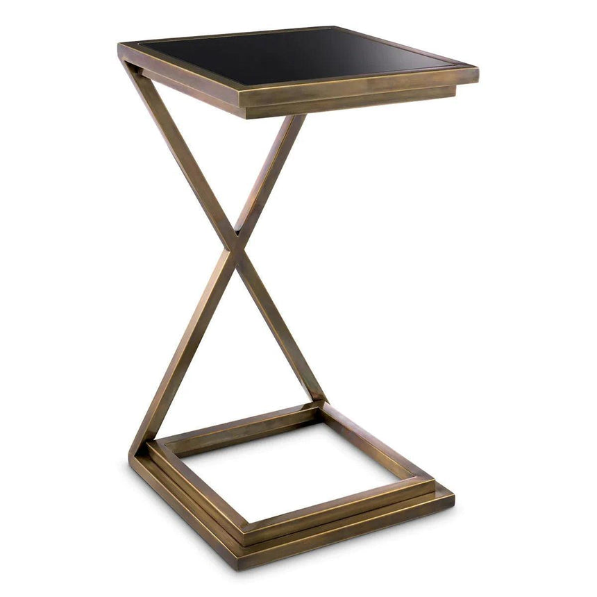 Cross glass side table with brass legs
