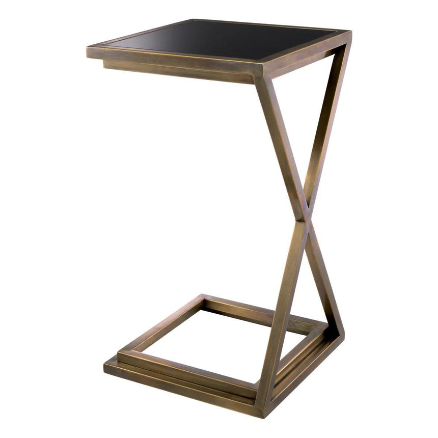 Cross glass side table with brass legs