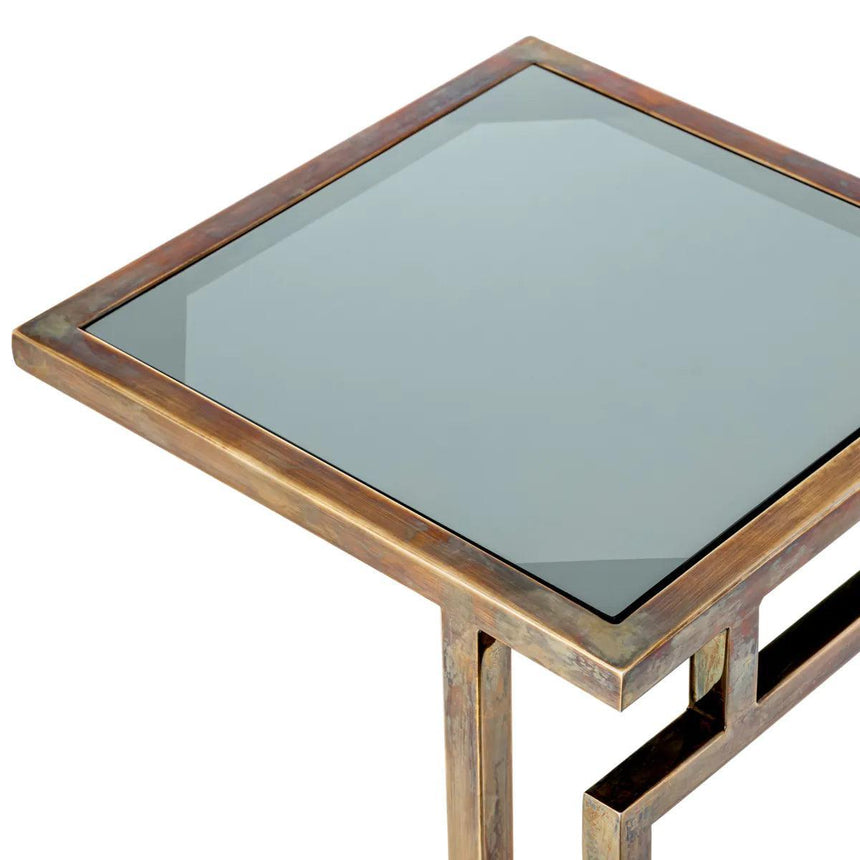 Marcus smoked glass side table with brass frame