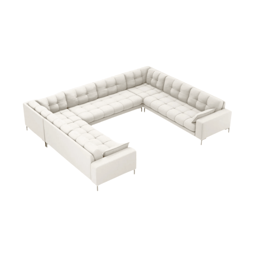 Mamaia U-shaped fabric sofa with gold legs 337x256