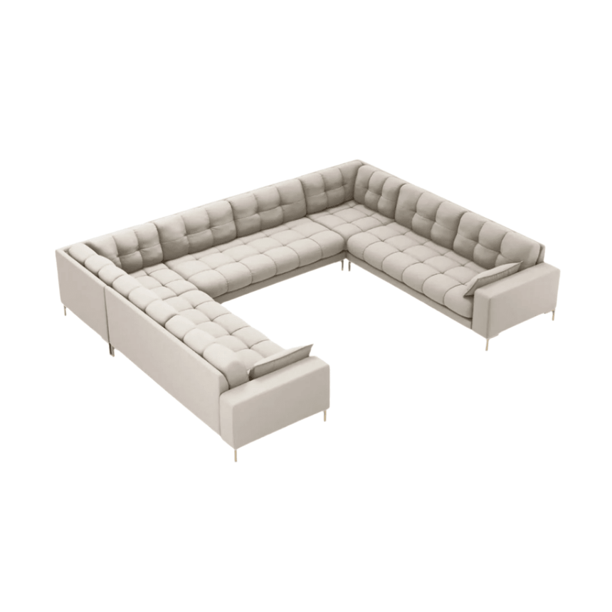 Mamaia U-shaped fabric sofa with gold legs 337x256
