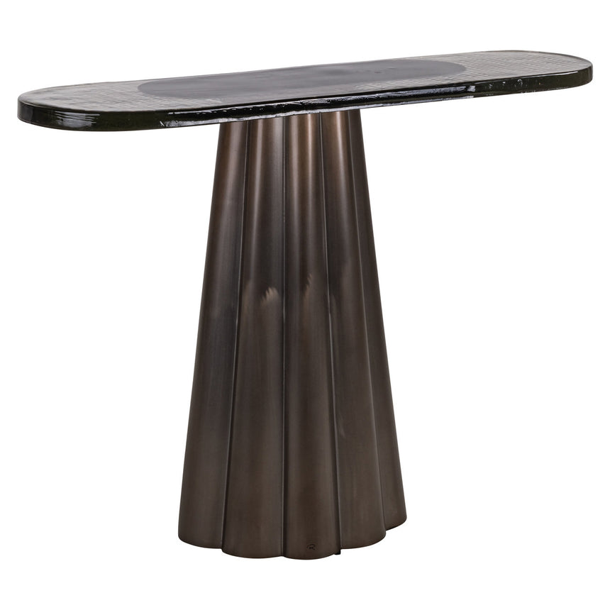 Barwick konzolasztal – Antik fém vázzal és öntött üveglappal