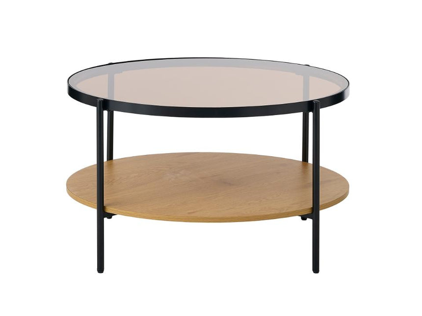 Hassel kerek dohányzóasztal – Tölgyfa melamin, üveg és fém kombinációja, 84 cm