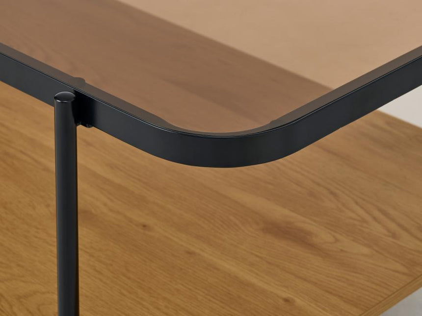 Hassel dohányzóasztal – Tölgyfa melamin, üveg és fém kombinációja, 120 cm