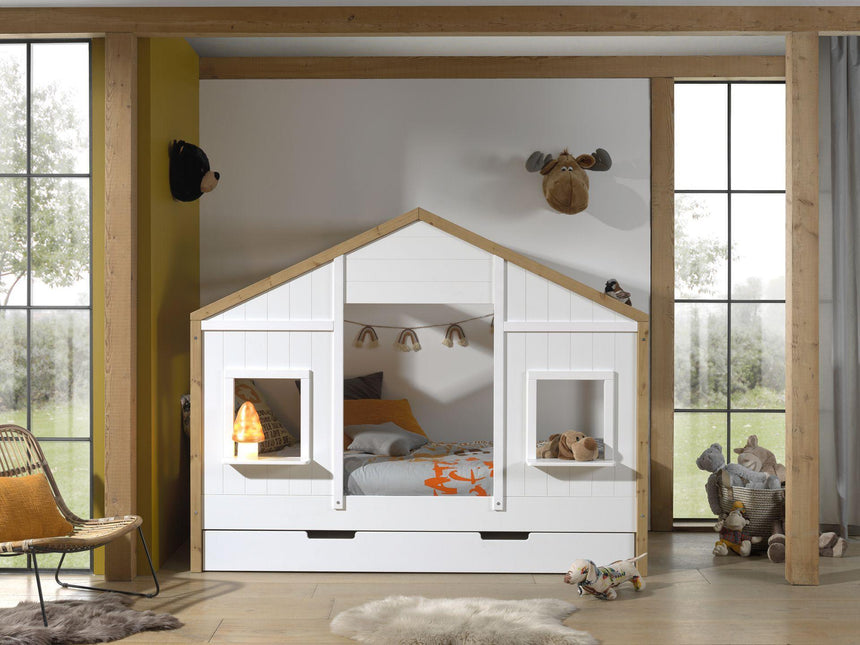 Babs 90 wooden house children's bed, 90x200 with bed linen holder