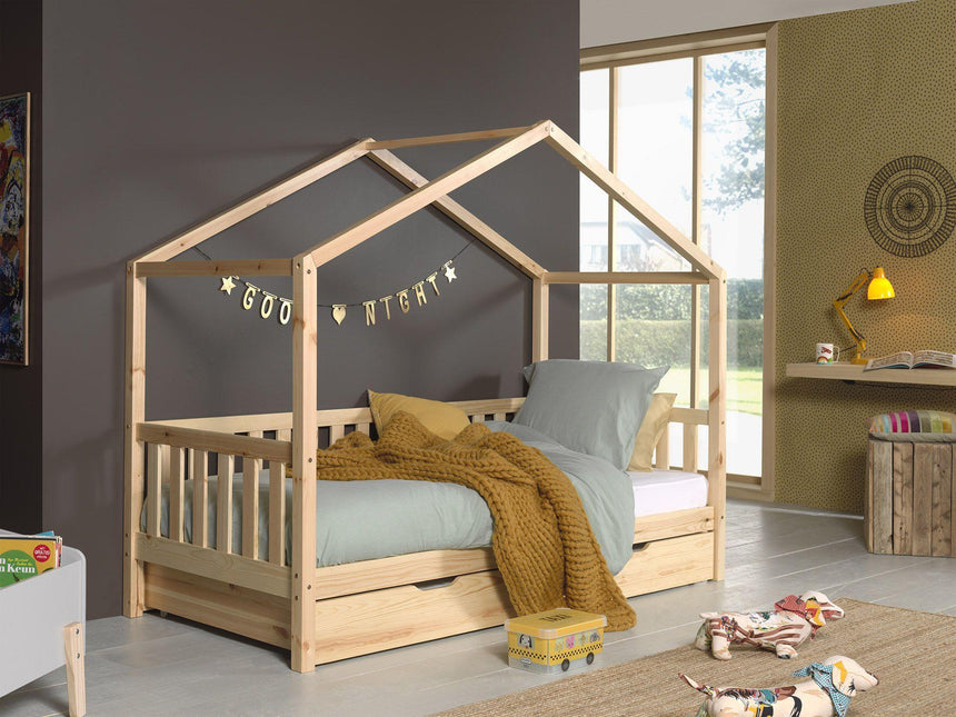 Dallas wooden house children's bed, 90x200 with bed linen holder