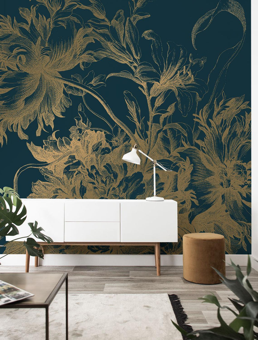 Gold metallic Engraved flowers kék 4 panelos tapéta-1