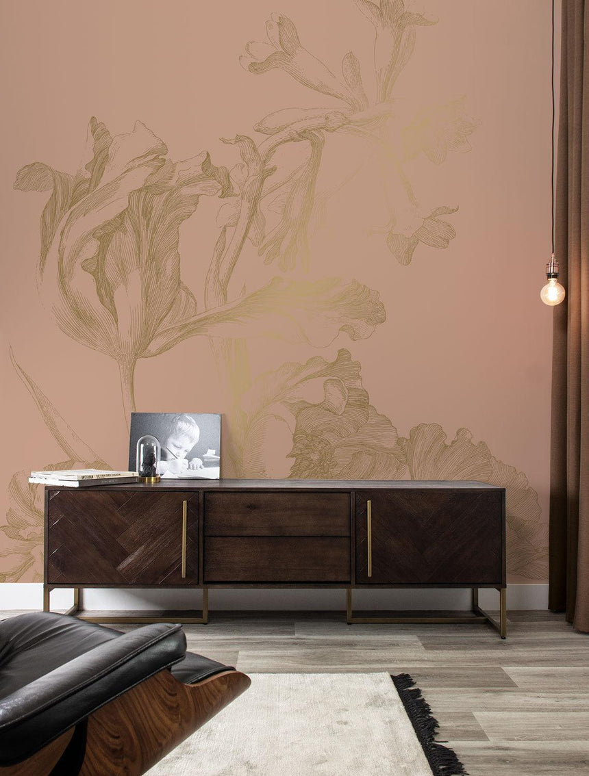 Gold metallic Engraved flowers nude 4 panelos tapéta-1