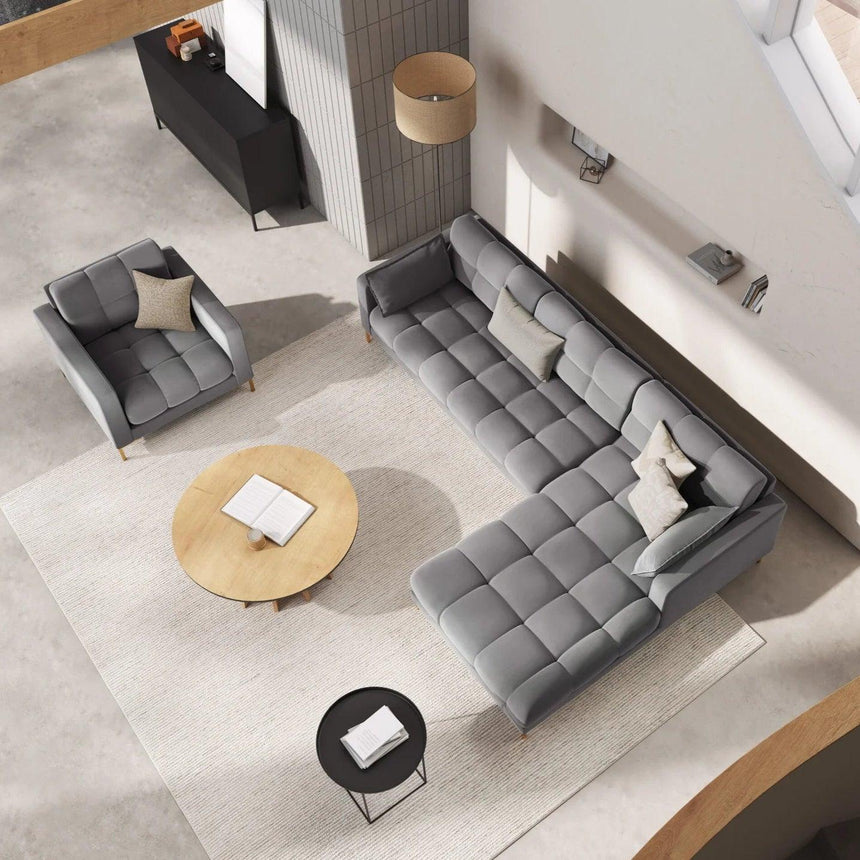 Mamaia jobbos bársony sarokkanapé arany lábbal