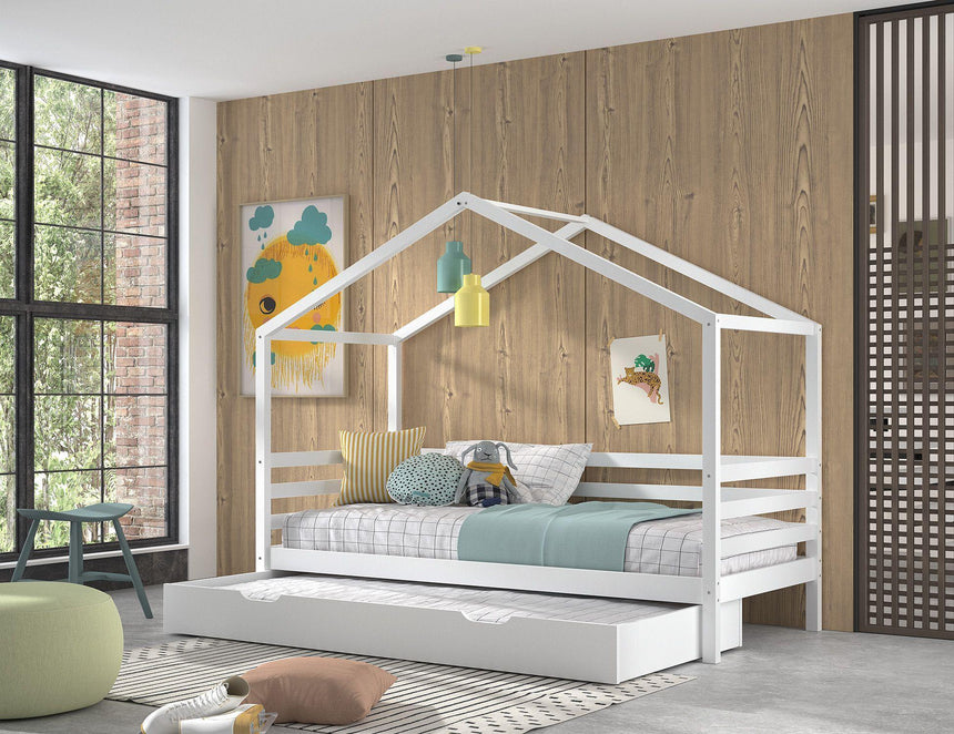 Dallas PL wooden house children's bed, 90x200 with bed linen holder