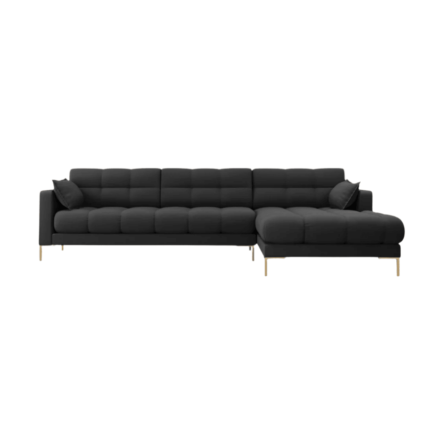 Mamaia jobbos szövet sarokkanapé arany lábbal