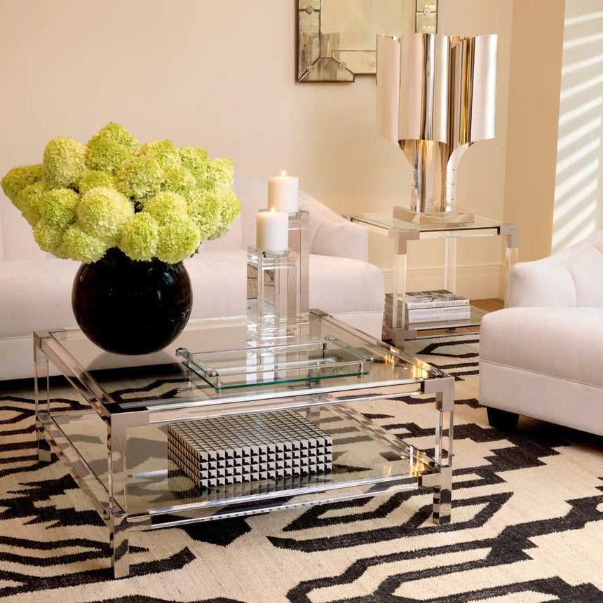 Royalton glass side table with silver corners