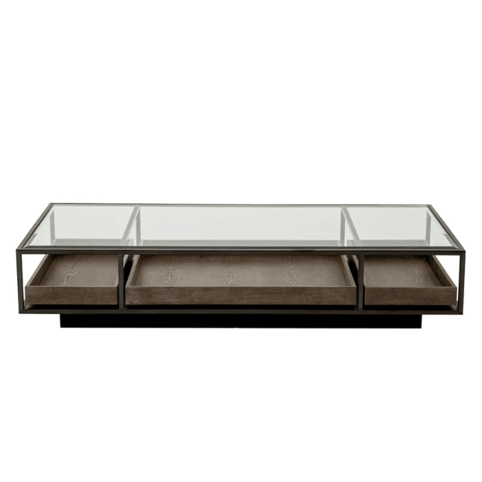 Roxton glass coffee table with bronze frame