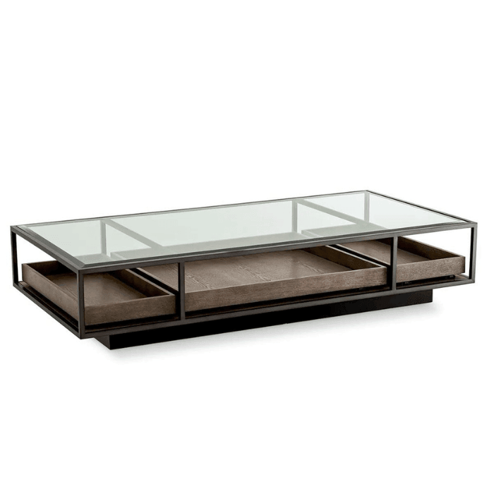 Roxton glass coffee table with bronze frame