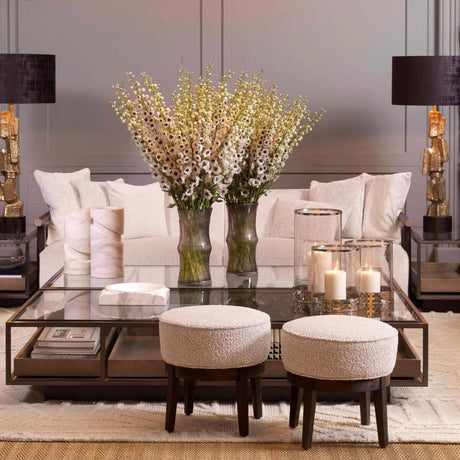 Roxton glass coffee table with bronze frame