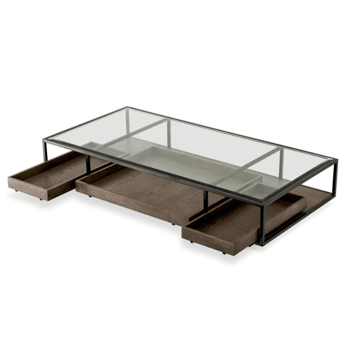 Roxton glass coffee table with bronze frame