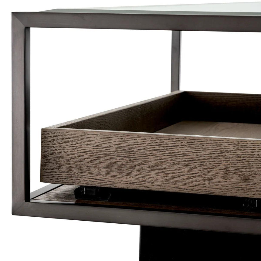 Roxton glass coffee table with bronze frame