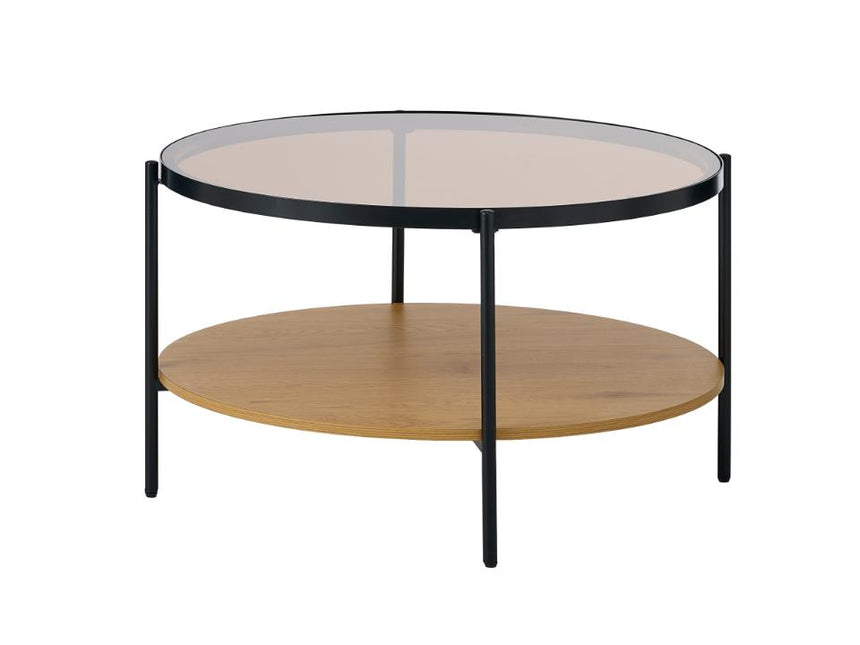 Hassel kerek dohányzóasztal – Tölgyfa melamin, üveg és fém kombinációja, 84 cm