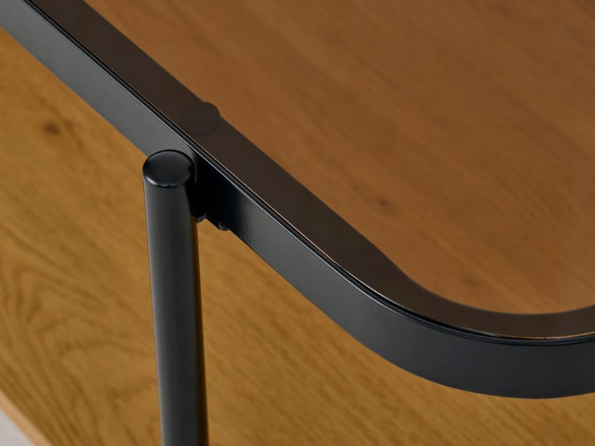 Hassel dohányzóasztal – Tölgyfa melamin, üveg és fém kombinációja, 120 cm