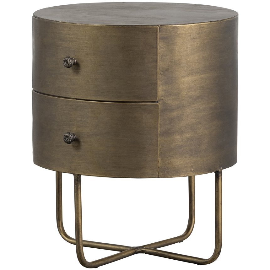Glossy 2-drawer antique metal bedside table