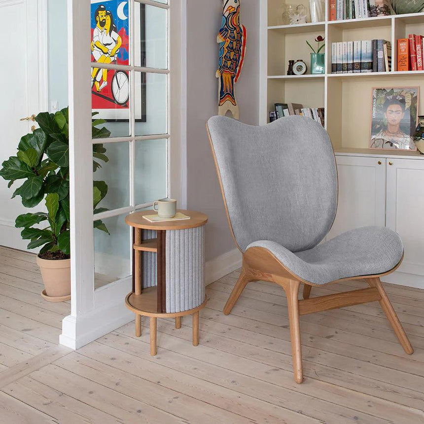 The Conversation Piece fabric high chair with natural frame