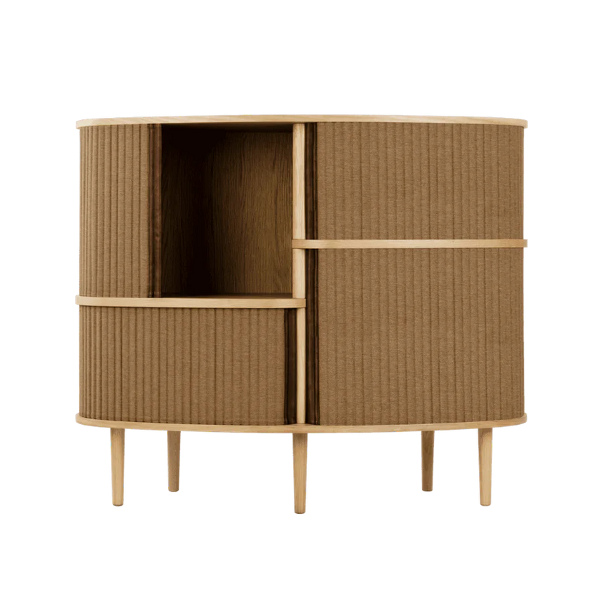 The Conversation Piece fabric armchair with natural frame